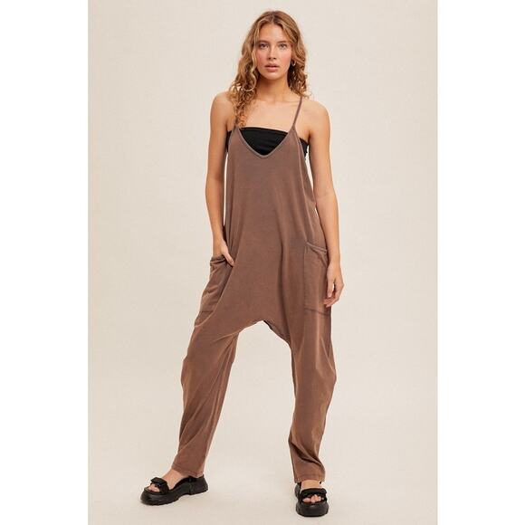 Hem & Thread Pants - Hem & Thread SNOW WASHED OVERSIZED V-NECK CAMI JUMPSUIT Dark Chocolate